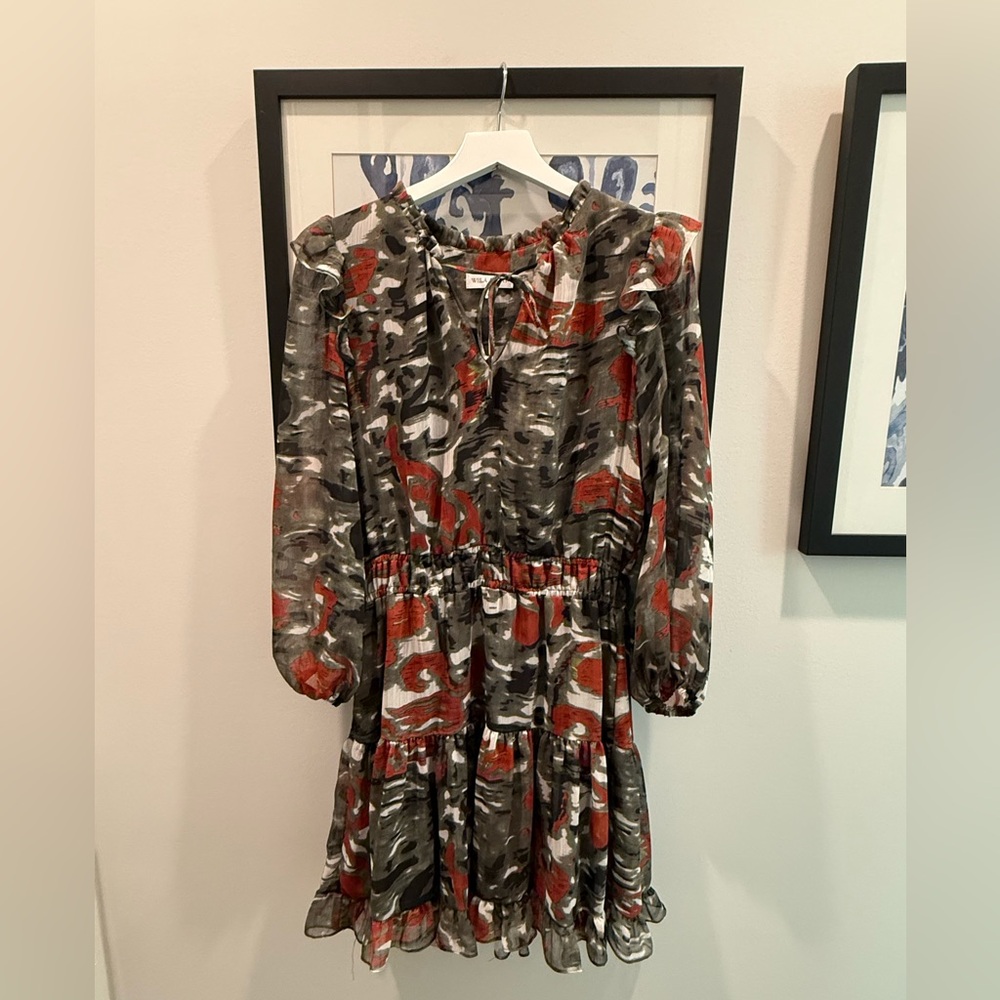Willa Story Printed Mini Dress Size M | Ruffle Neck Tiered Boho